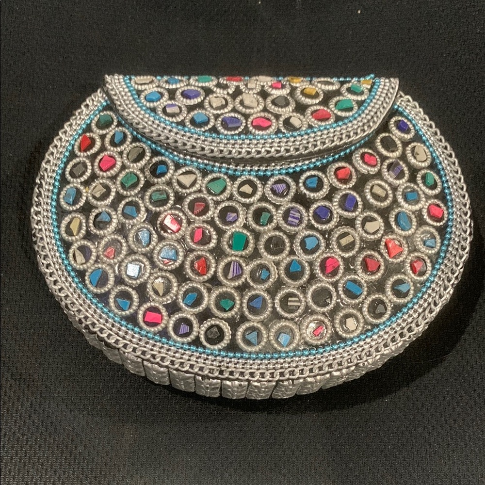 Ramla Moroccan Pink Blue and Silver Crescent Clutch with Intricate Design